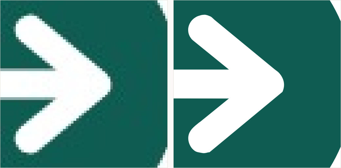 The arrow head magnified: on the left the diagonal is a staircase with grey fringing; on the right two straight edges meeting at a clean point.