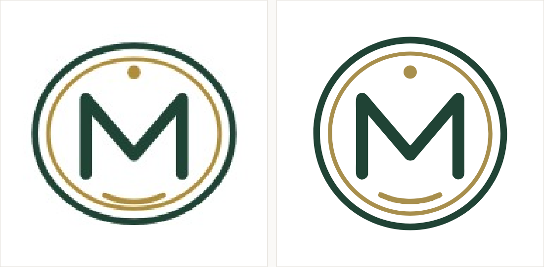 A green and gold monogram inside a double oval: on the left a small JPEG with soft speckled edges; on the right clean flat colour with even strokes.