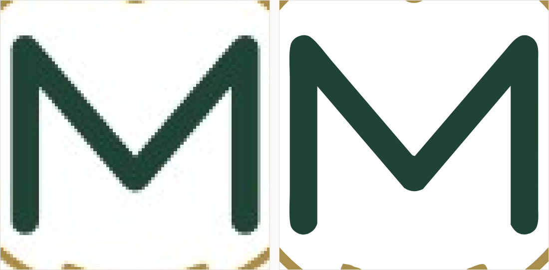 The center of the monogram magnified: on the left the two oval rules blur into one another; on the right they are two separate even strokes.