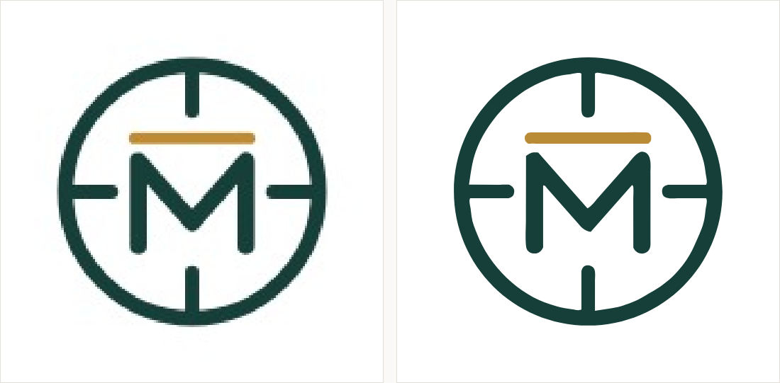 A circular emblem with rays and a letterform inside: on the left a small compressed copy; on the right clean circles and even strokes.