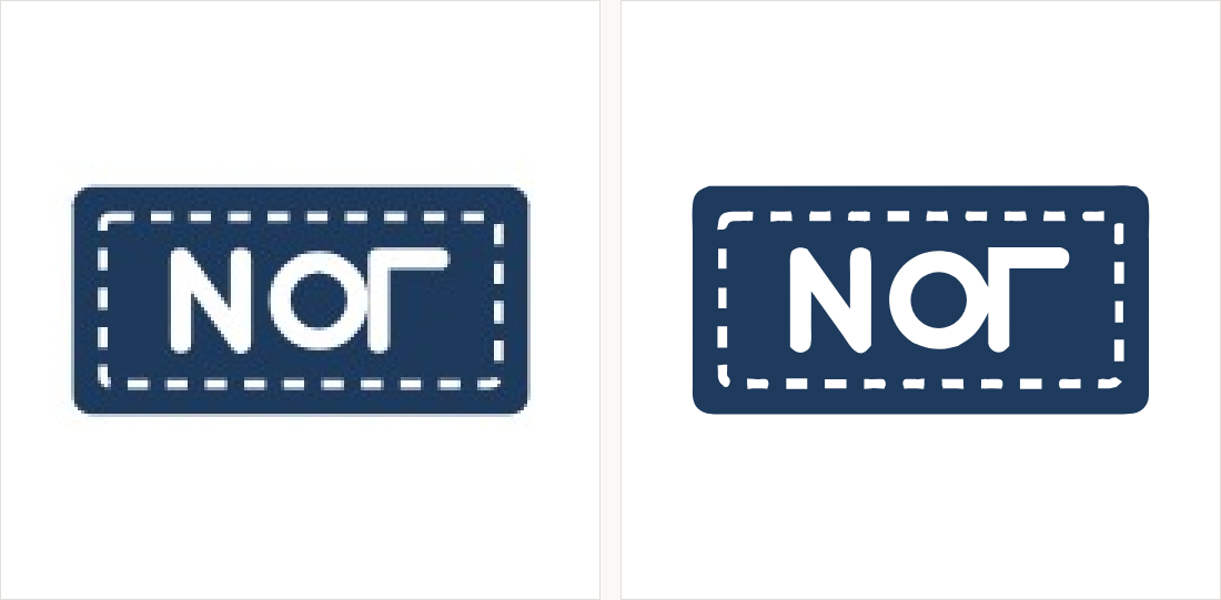 A navy label with a white stitched border and a white mark: on the left a small compressed copy with soft edges; on the right clean flat shapes.