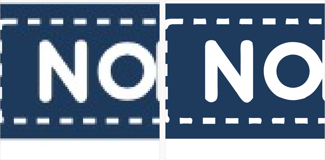 The dashed inner border magnified: on the left the dashes blur into a broken grey line; on the right each dash is a clean separate rectangle.